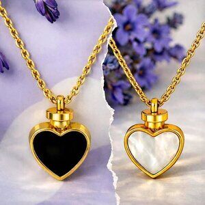 18K Gold Plated Stainless Steel Reversible Heart Necklace Black White Dainty